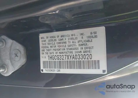 2000 Honda Accord 2.3 Ex from USA, damaged, VIN 1HGCG327XYA033020